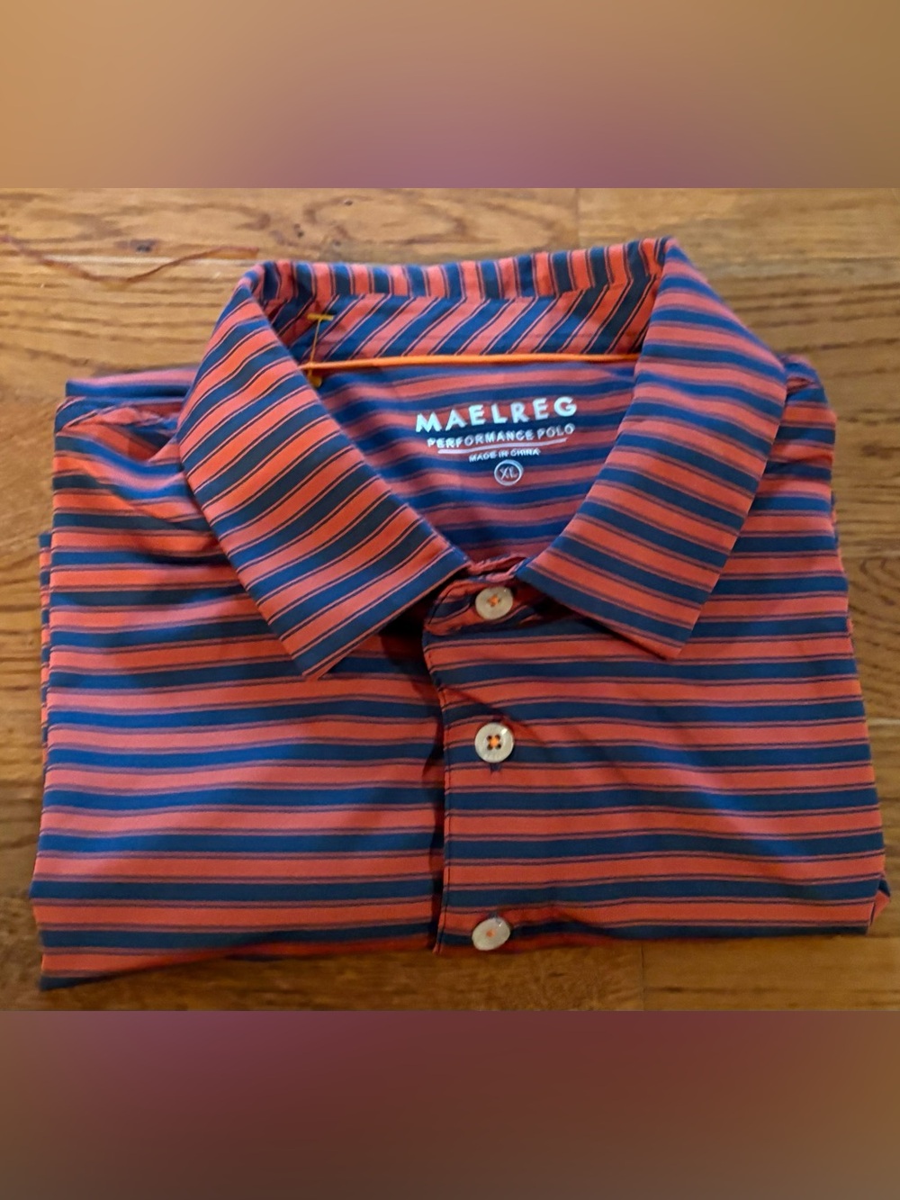 MAELREG Performance SS Polo, Blue/Orange Stripe, Size XL, EUC